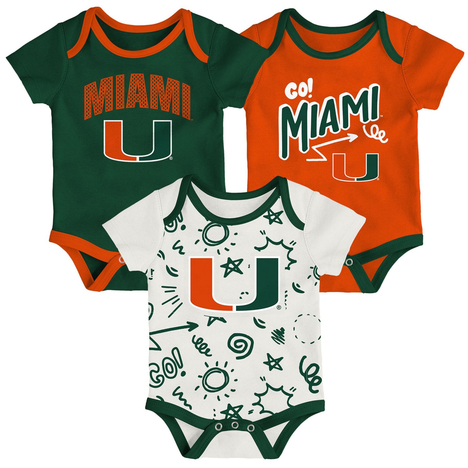 Newborn  Outerstuff Miami Hurricanes Three-Pack All Day Play Bodysuit Set