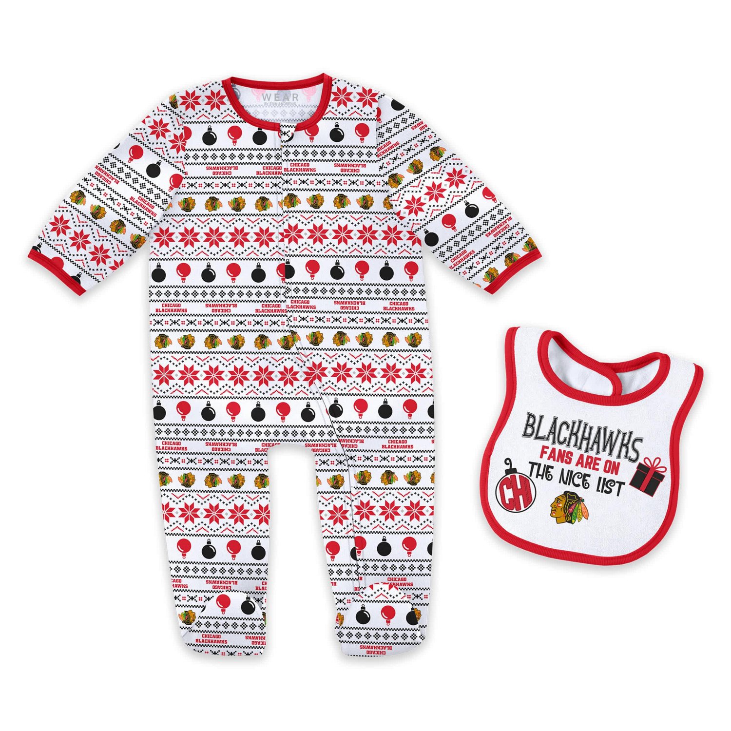 Newborn WEAR by Erin Andrews Chicago Blackhawks Allover Print Full-Zip Sleeper  Bib Christmas Set