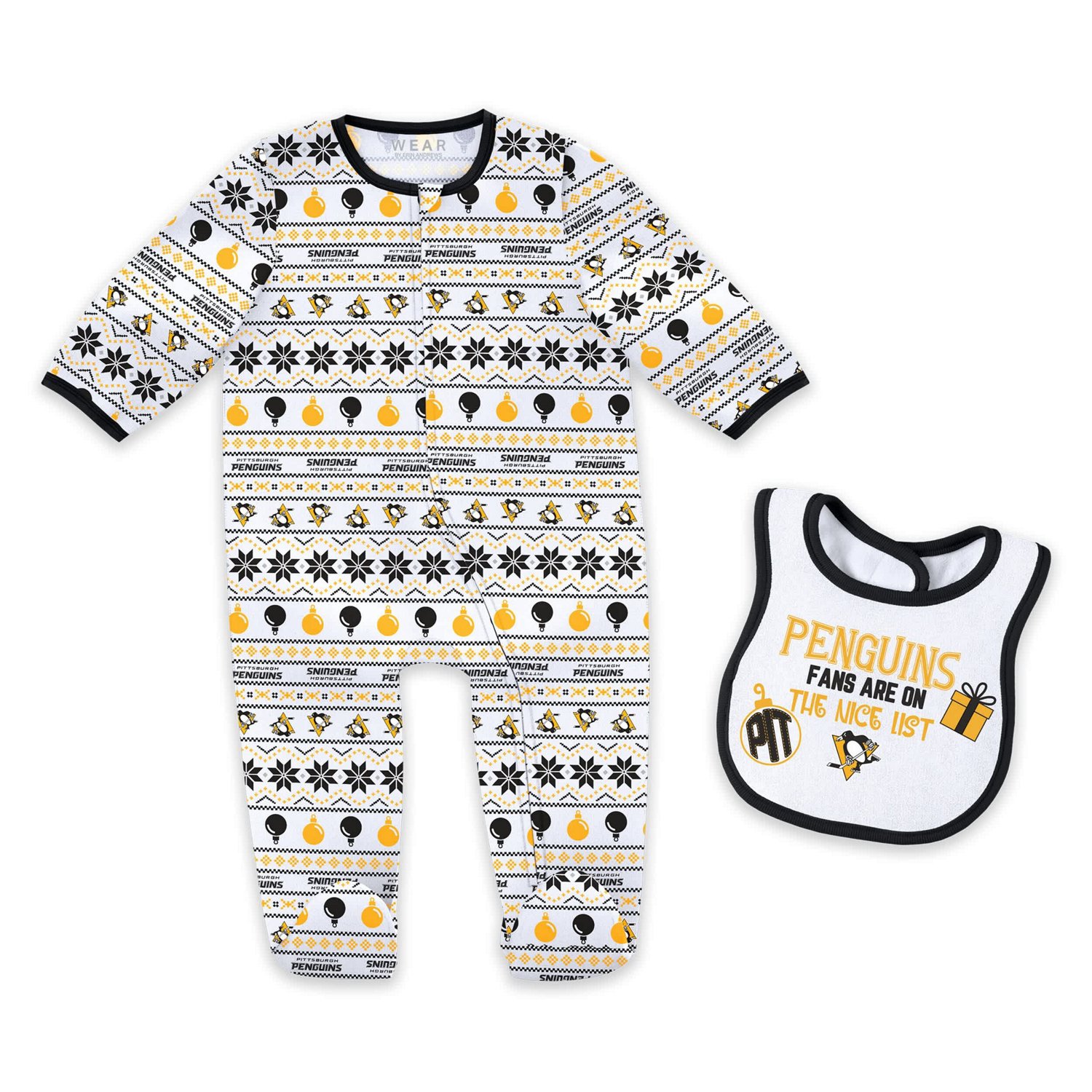 Newborn WEAR by Erin Andrews Pittsburgh Penguins Allover Print Full-Zip Sleeper  Bib Christmas Set