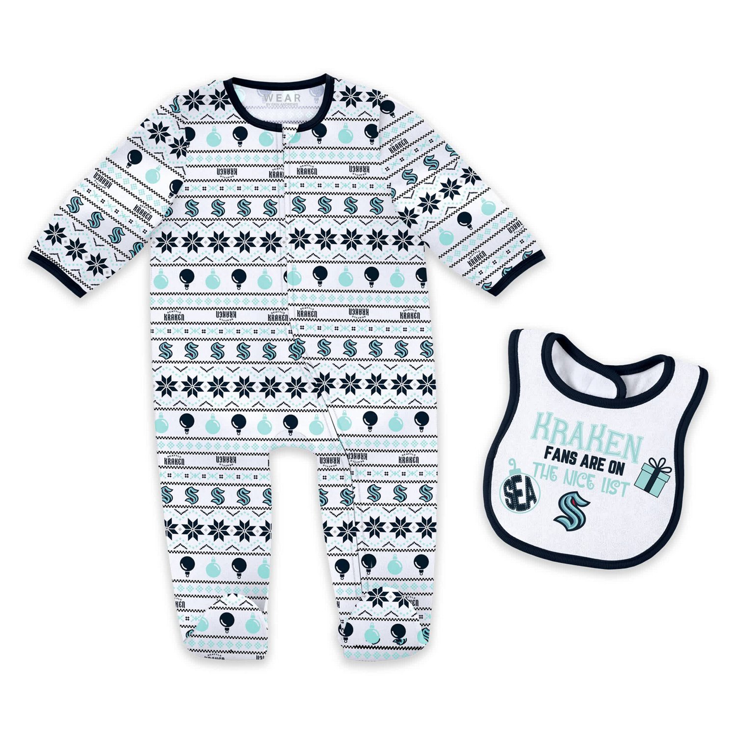 Newborn WEAR by Erin Andrews Seattle Kraken Allover Print Full-Zip Sleeper  Bib Christmas Set