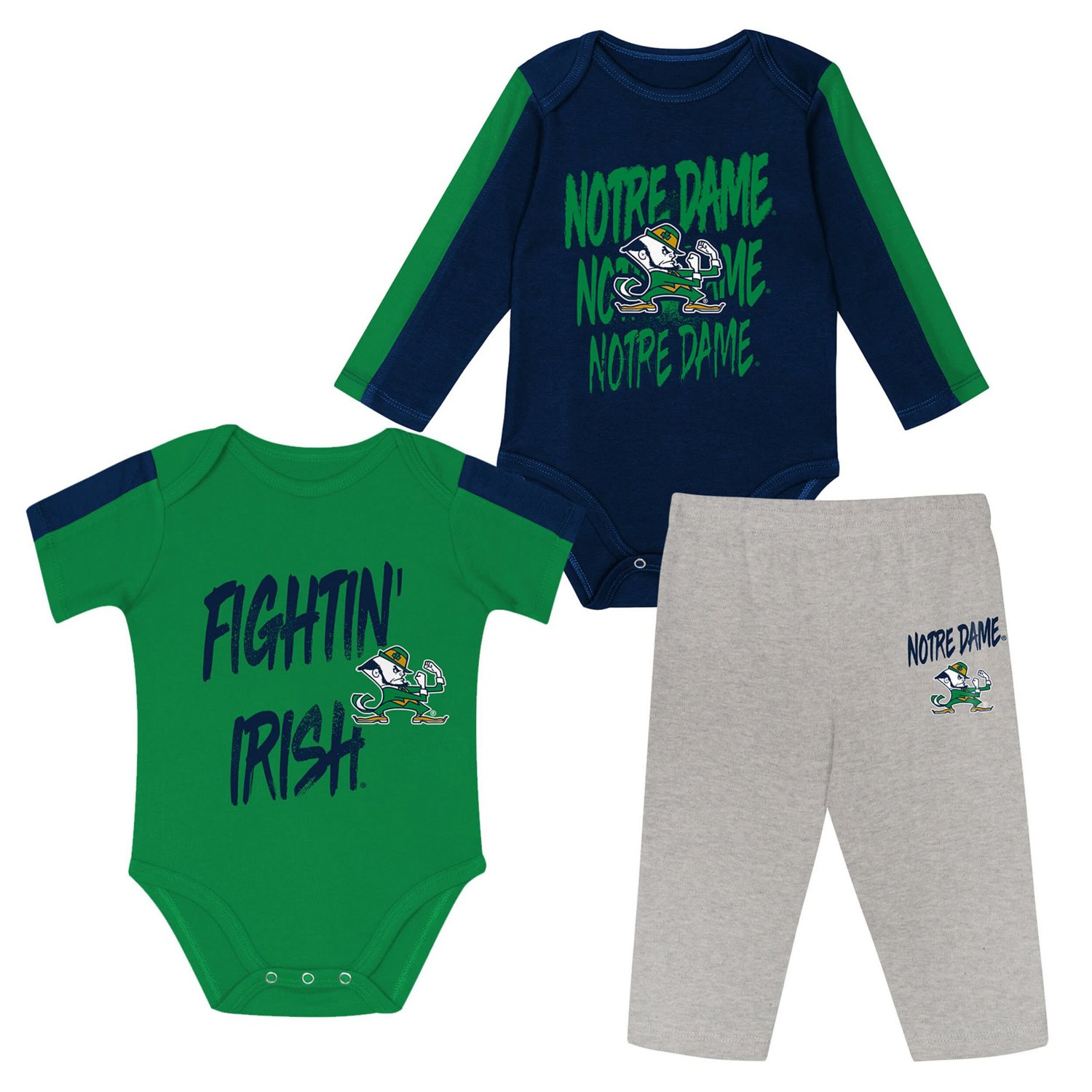 Outerstuff Green Notre Dame Fighting Irish Double Down Bodysuit and Pants 3-Piece Set - view number 1