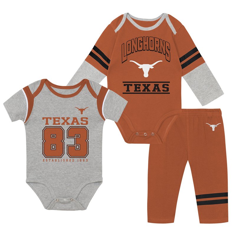 Outerstuff Boys' and Girls' Texas Longhorns Double Up Bodysuits and Pants, 3-Piece Set - Brown, Gray
