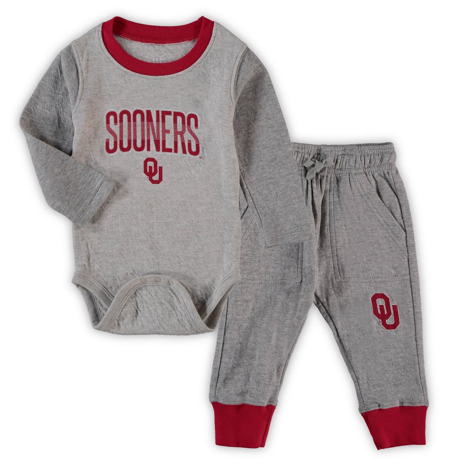 Wes  Willy Heathered Gray/Crimson Oklahoma Sooners Jie Jie Long Sleeve Bodysuit  Pants Set - view number 1