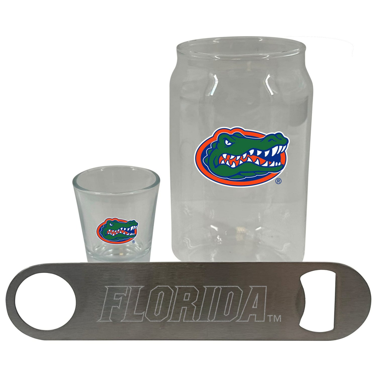 The Memory Company Florida Gators Three-Pack Beer Glass 2oz Shot Glass  Bottle Opener Set