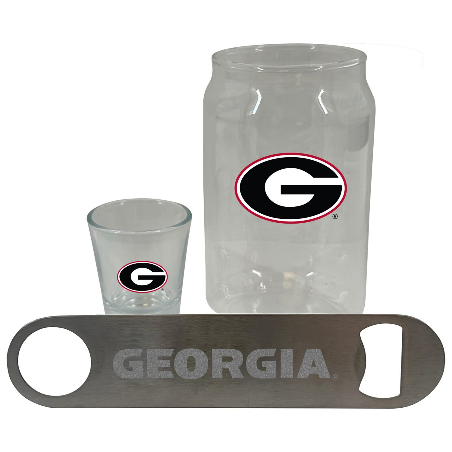 The Memory Company Georgia Bulldogs Three-Pack Beer Glass 2oz Shot Glass  Bottle Opener Set