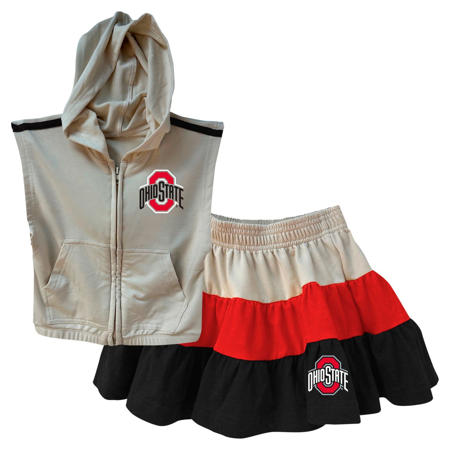 Girls Wes  Willy Ohio State Buckeyes Tri-Blend Sleeveless Full-Zip Hoodie  Tiered Skirt Set