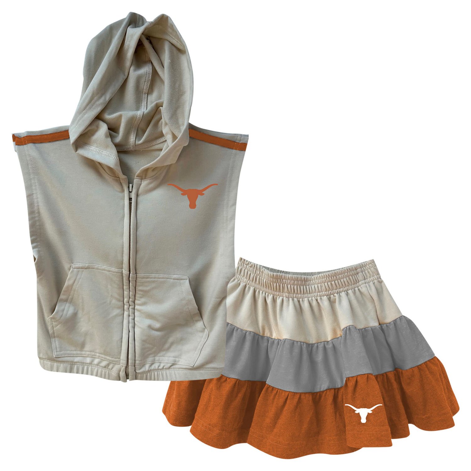 Girls Wes  Willy Texas Longhorns Tri-Blend Sleeveless Full-Zip Hoodie Tiered Skirt Set
