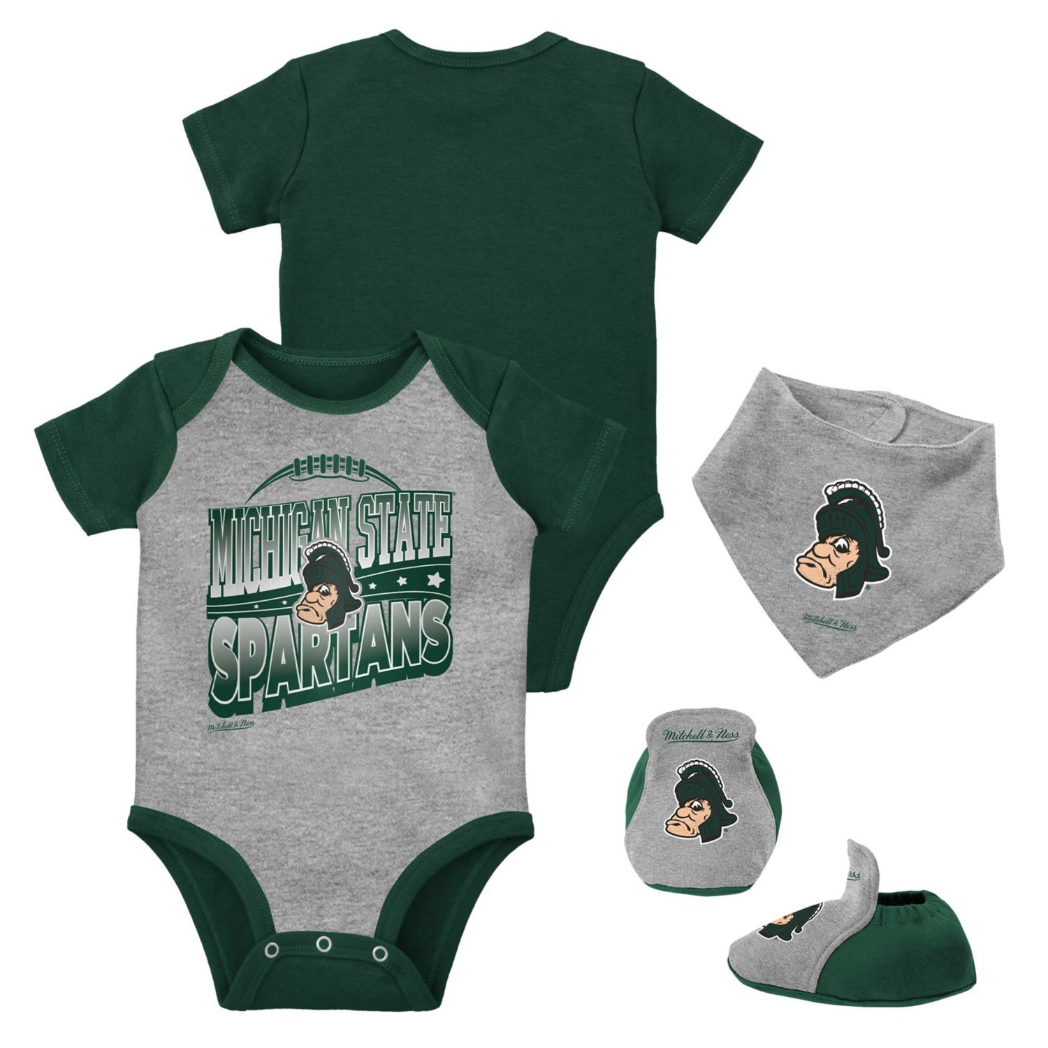 Mitchell  Ness Heather Gray Michigan State Spartans 3-Pack Bodysuit Bib and Bootie Set