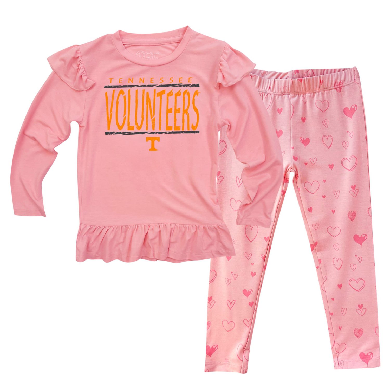 Wes  Willy Tennessee Volunteers Heart Print Ruffle Long Sleeve T-Shirt and Pants Sleep Set