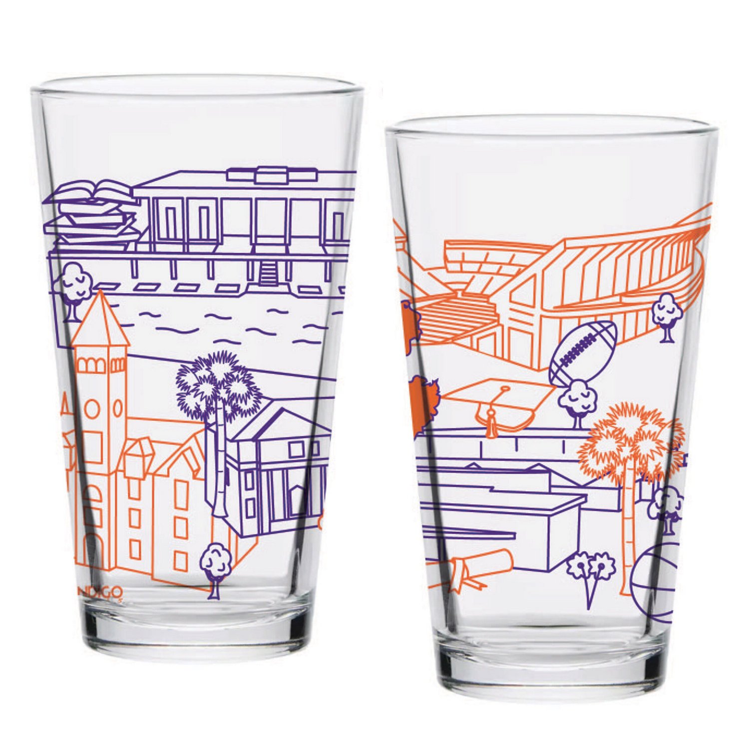 Clemson Tigers Two-Pack 16oz Campus Line Art Pint Glass Set
