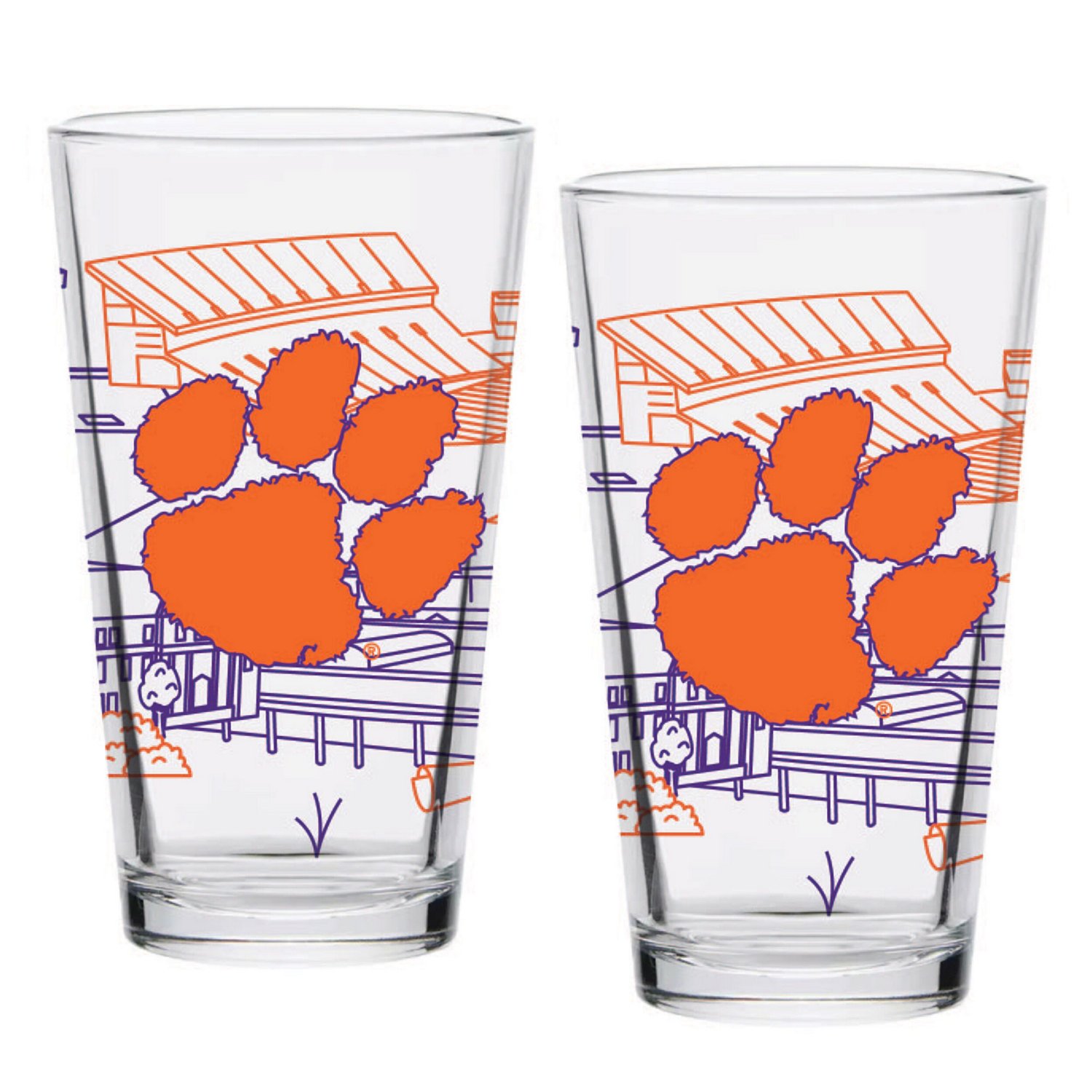 Clemson Tigers Two-Pack 16oz Campus Line Art Pint Glass Set