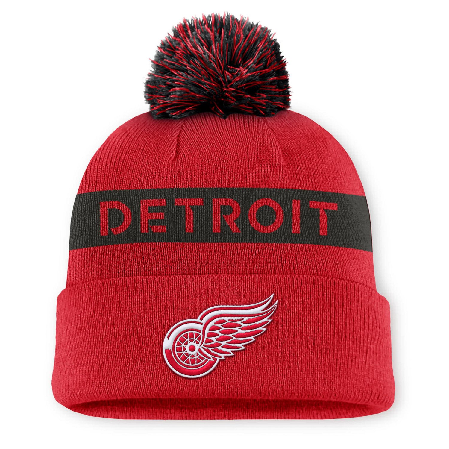 Fanatics Black Detroit Wings Authentic Pro Rink Cuffed Knit Hat with Pom - view number 1