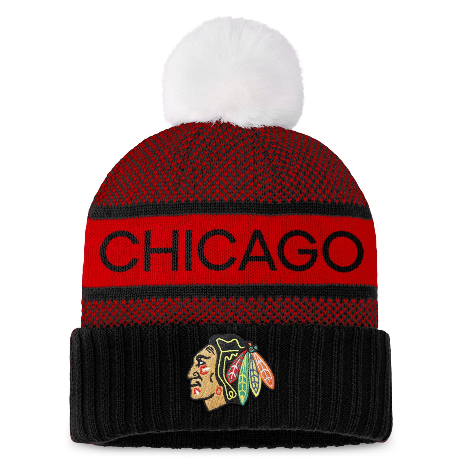 Fanatics /Red Chicago hawks Authentic Pro Rink Cuffed Knit Hat with Pom