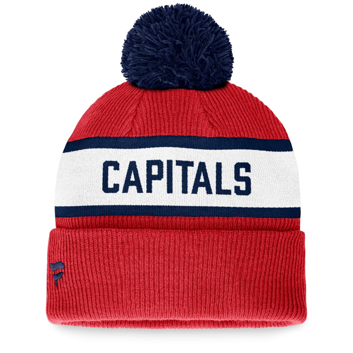 Men s Fanatics Red Washington Capitals Fundamental Wordmark Cuffed Knit Hat with Pom
