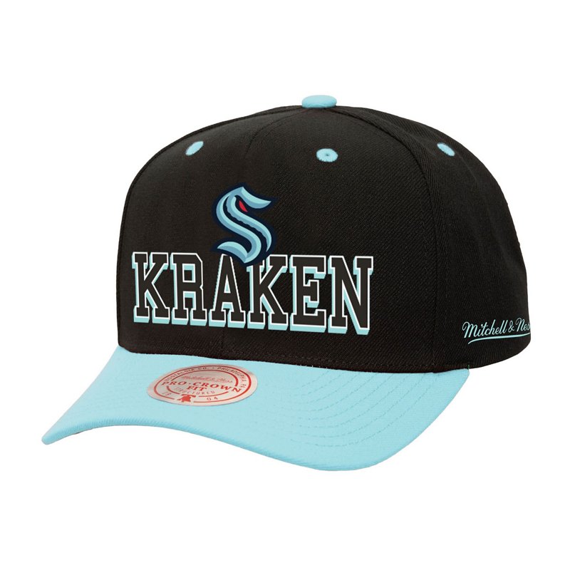 Mitchell Ness Men's Black/Light Blue Seattle Kraken Backside Script Two-Tone Pro Crown Adjustable Hat - Black, Light Blue