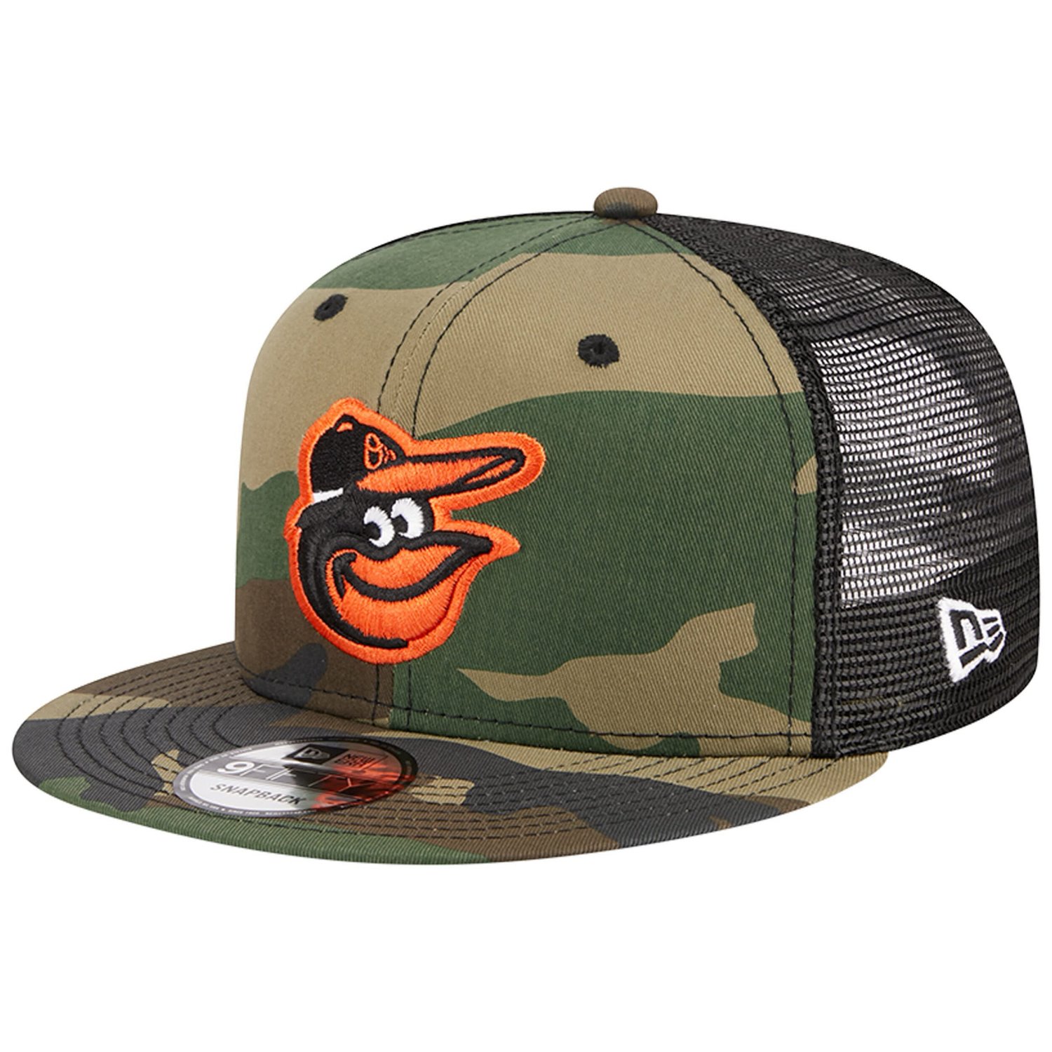 New Era Baltimore Orioles Woodland Trucker 9FIFTY Snapback Hat