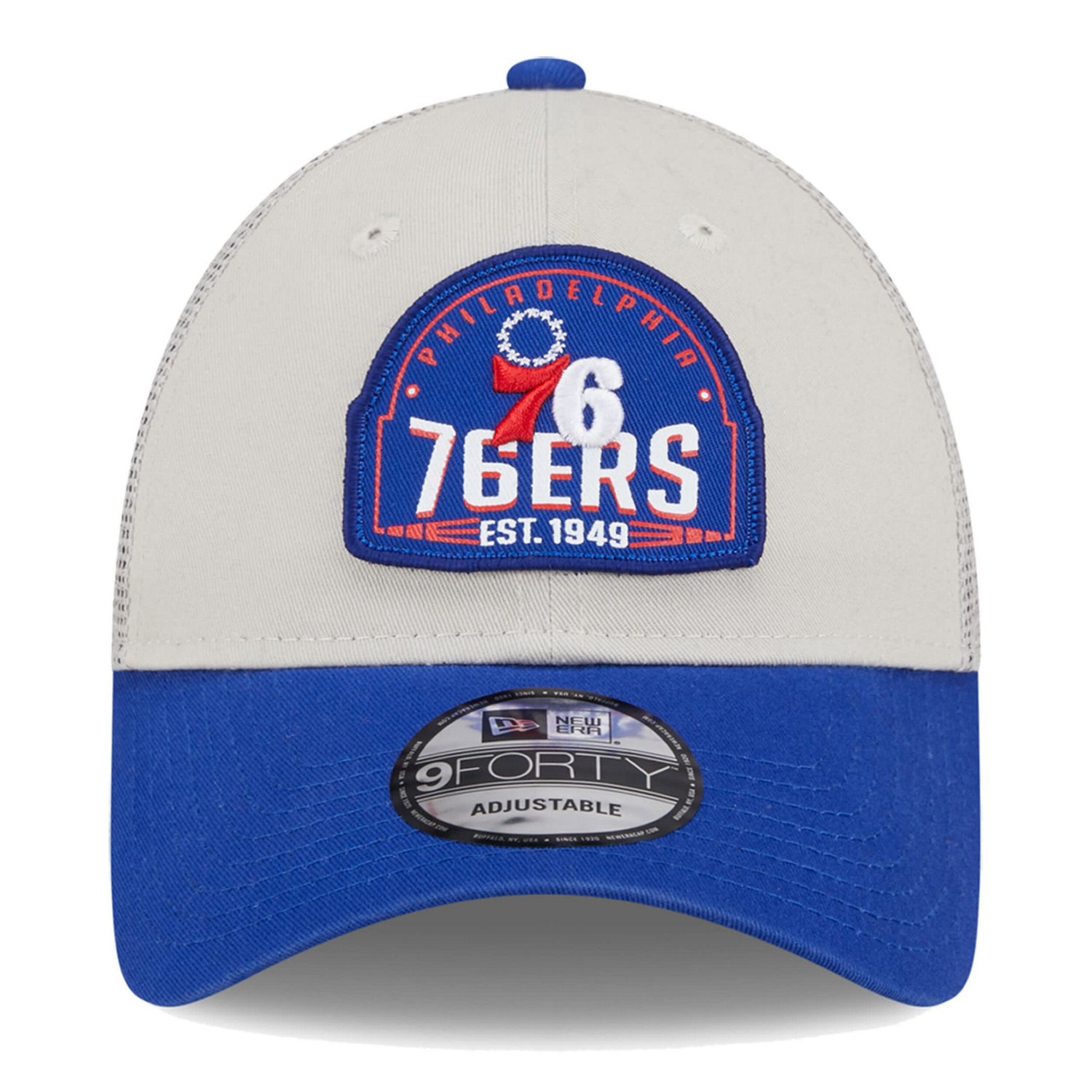 New Era Royal Philadelphia 76ers Throwback Patch Trucker 9FORTY Adjustable Hat