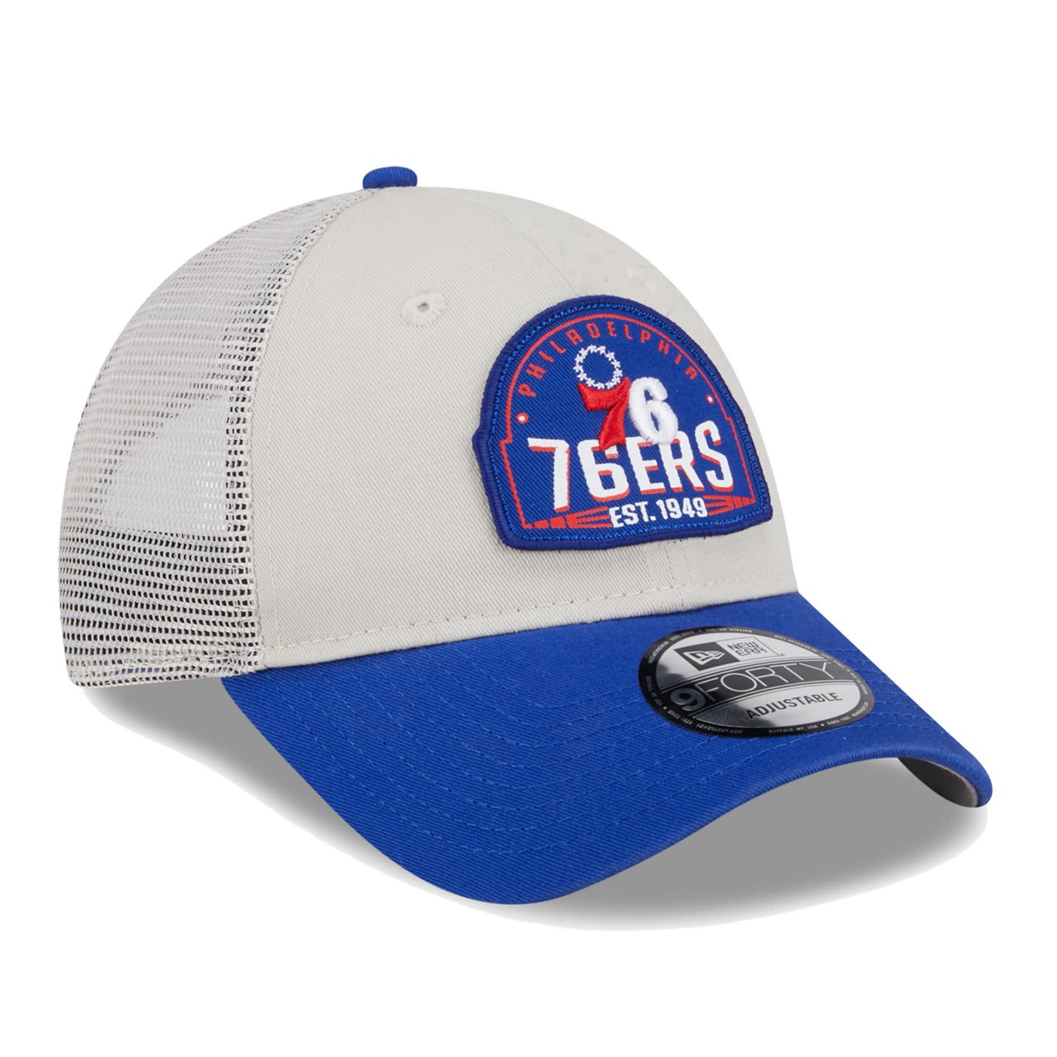New Era Royal Philadelphia 76ers Throwback Patch Trucker 9FORTY Adjustable Hat