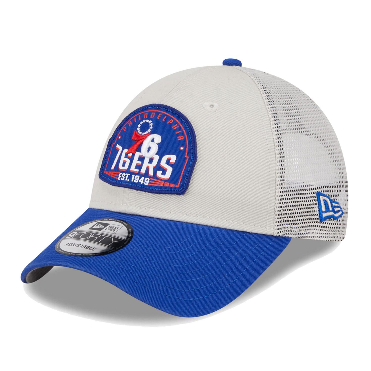 New Era Royal Philadelphia 76ers Throwback Patch Trucker 9FORTY Adjustable Hat