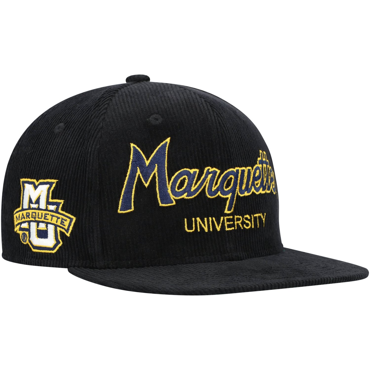 Youth Mitchell  Ness Marquette Golden Eagles Corduroy Script Snapback Hat