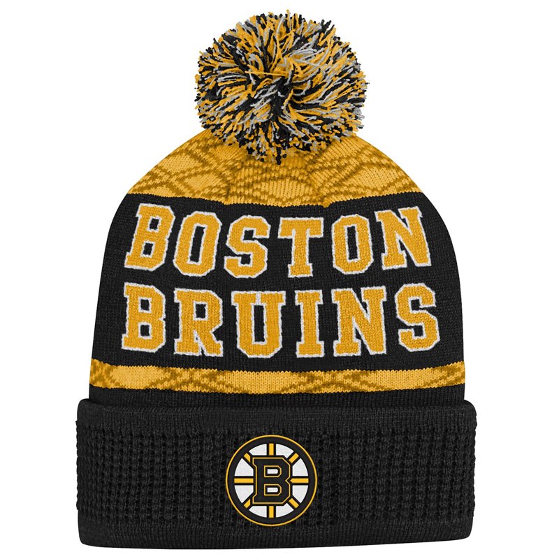 Outerstuff Big Boys and Girls Gold Boston Bruins Puck Pattern Cuffed with Pom Knit Hat - Gold