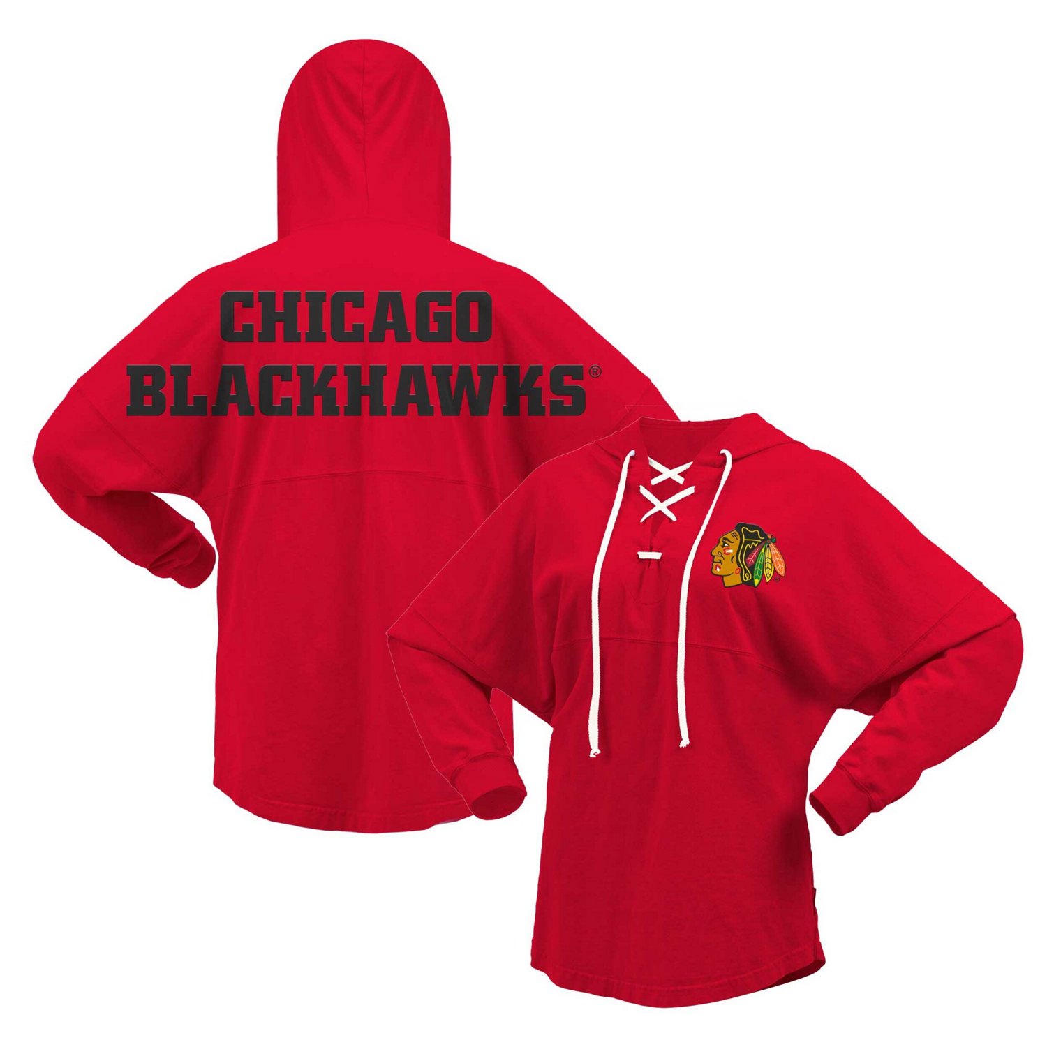 Women s Fanatics Branded Red Chicago Blackhawks Jersey Lace Up V Neck Long Sleeve Hoodie T Shirt