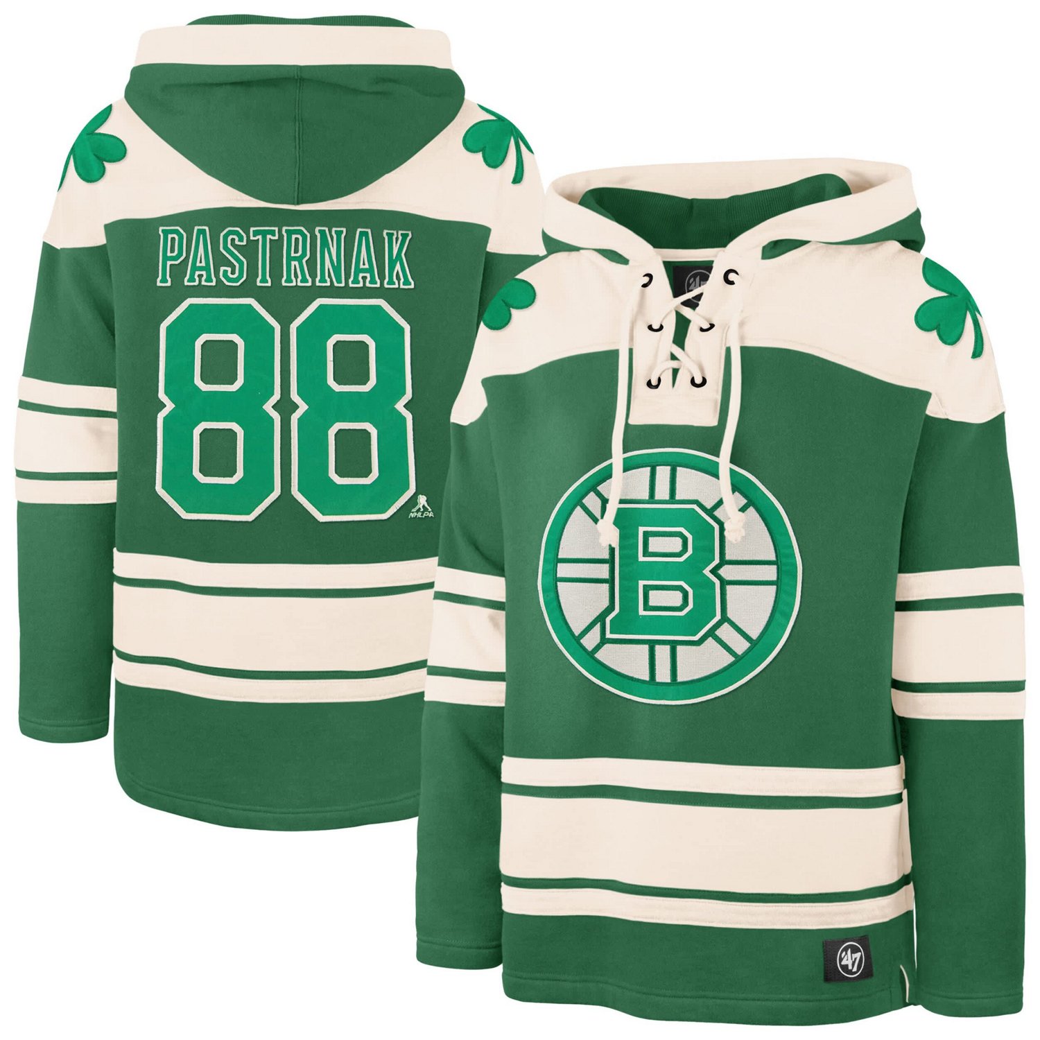 '47 David Pastrnak Kelly Boston Bruins St Patrick's Day Player Name  Number Lacer Pullover Hoodie - view number 1