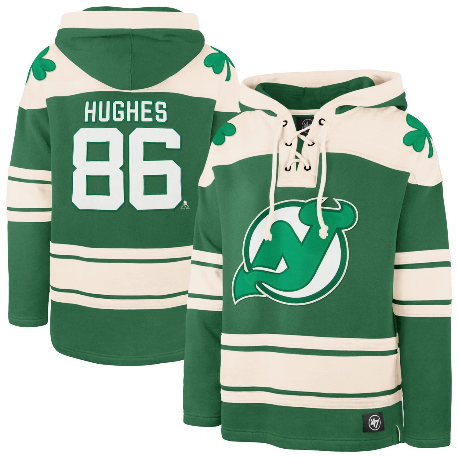'47 Jack Hughes Kelly New Jersey Devils St Patrick's Day Player Name  Number Lacer Pullover Hoodie