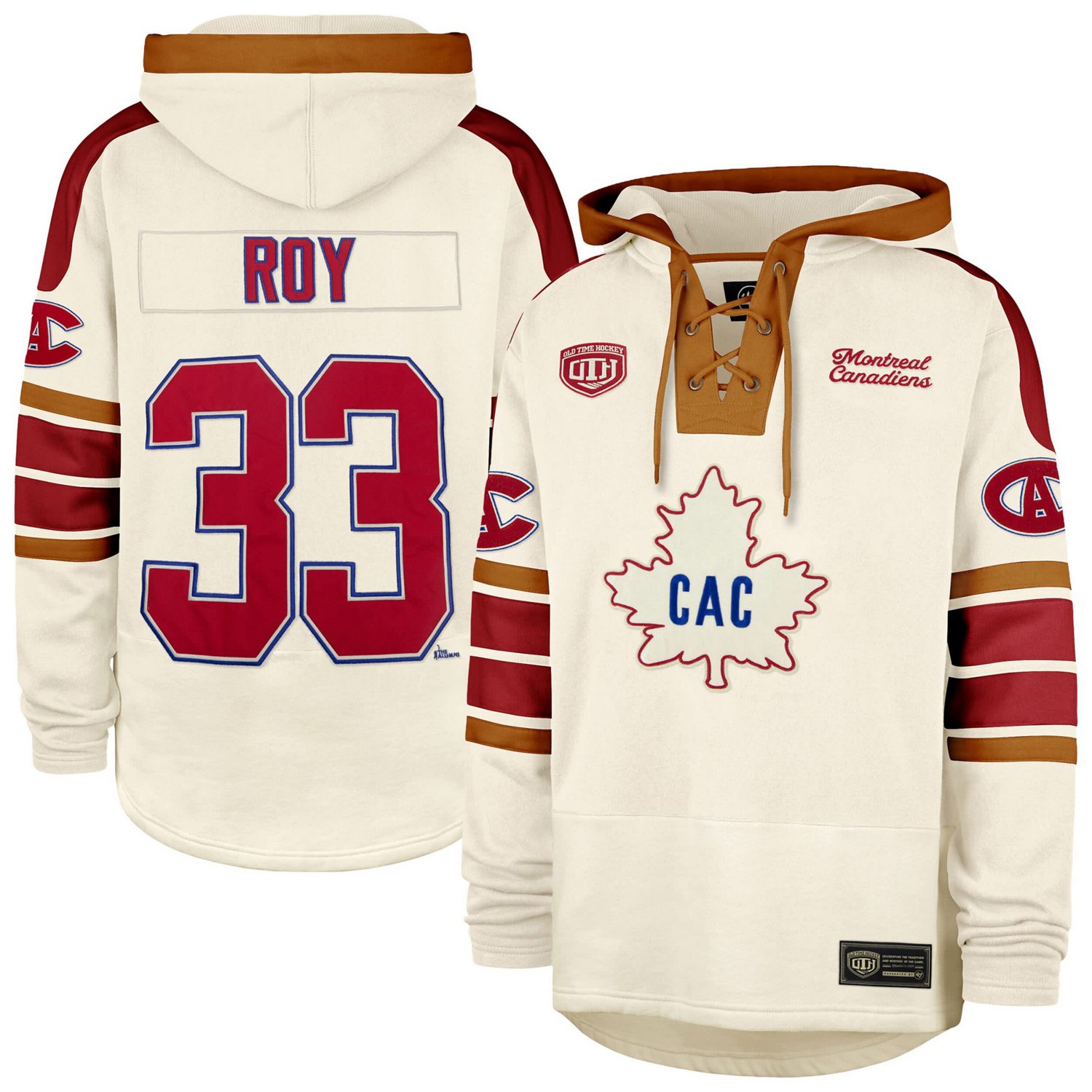 '47 Patrick Roy Montreal Canadiens Blue Line Heritage Name  Number Lace-Up Pullover Hoodie