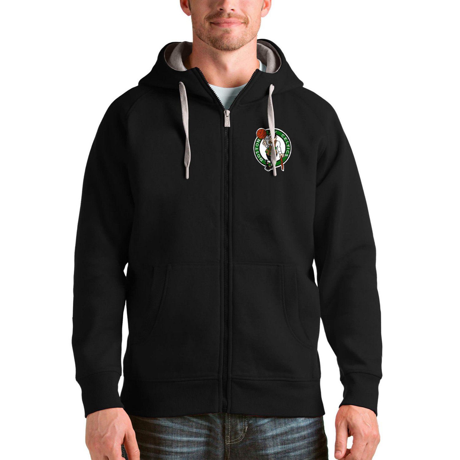 Antigua Heathered Gray Boston Celtics Logo Victory Full-Zip Hoodie
