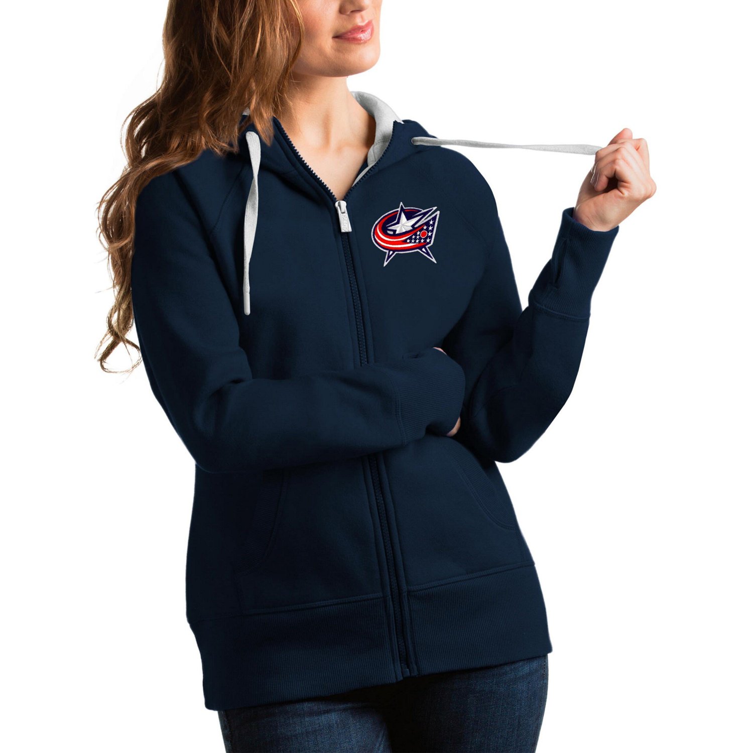 Antigua Women s NHL Columbus Jackets Team Victory Full Zip Hoodie Navy Blue X Large Cotton