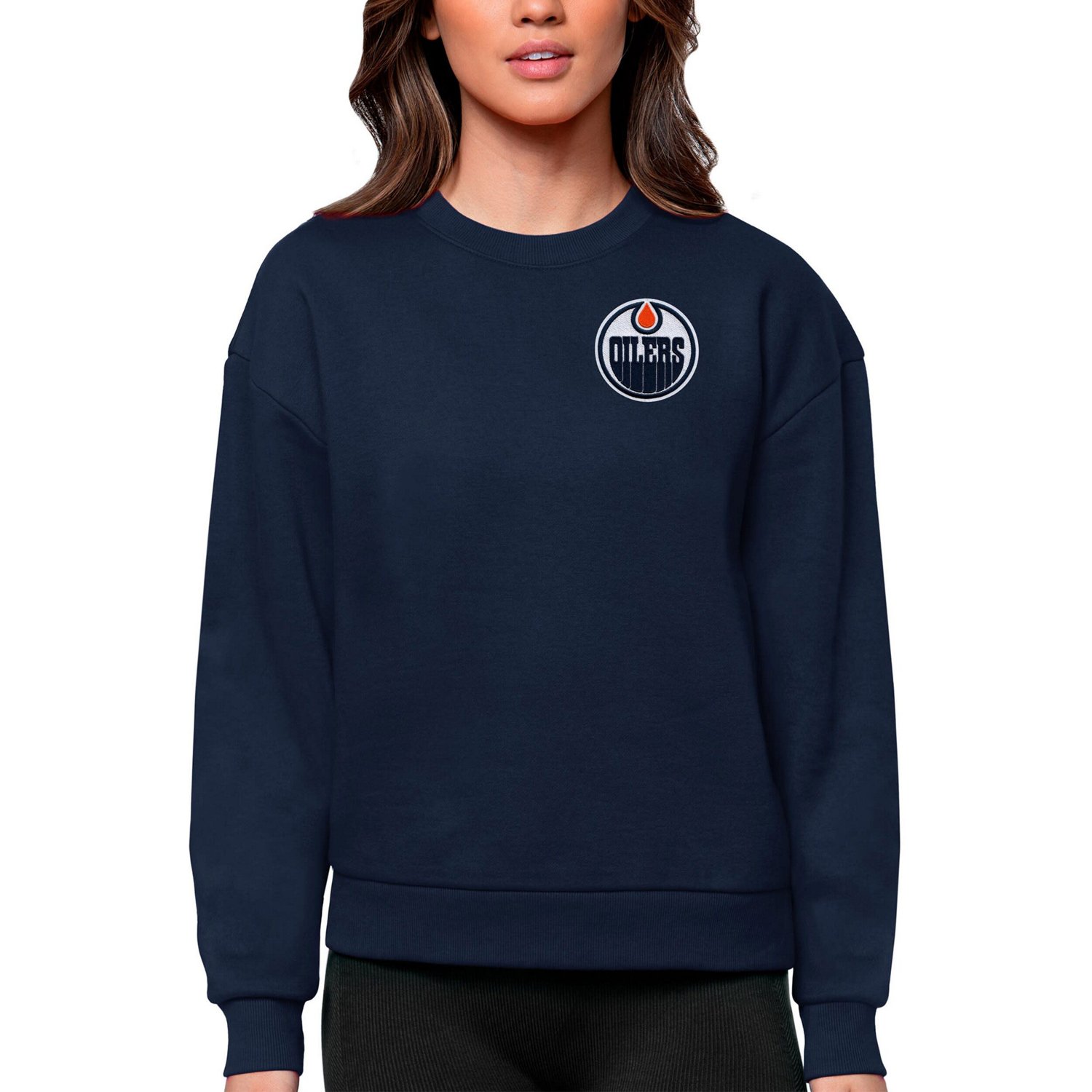 Antigua Edmonton Oilers Primary Logo Victory Crewneck Pullover Sweatshirt                                                        - view number 1