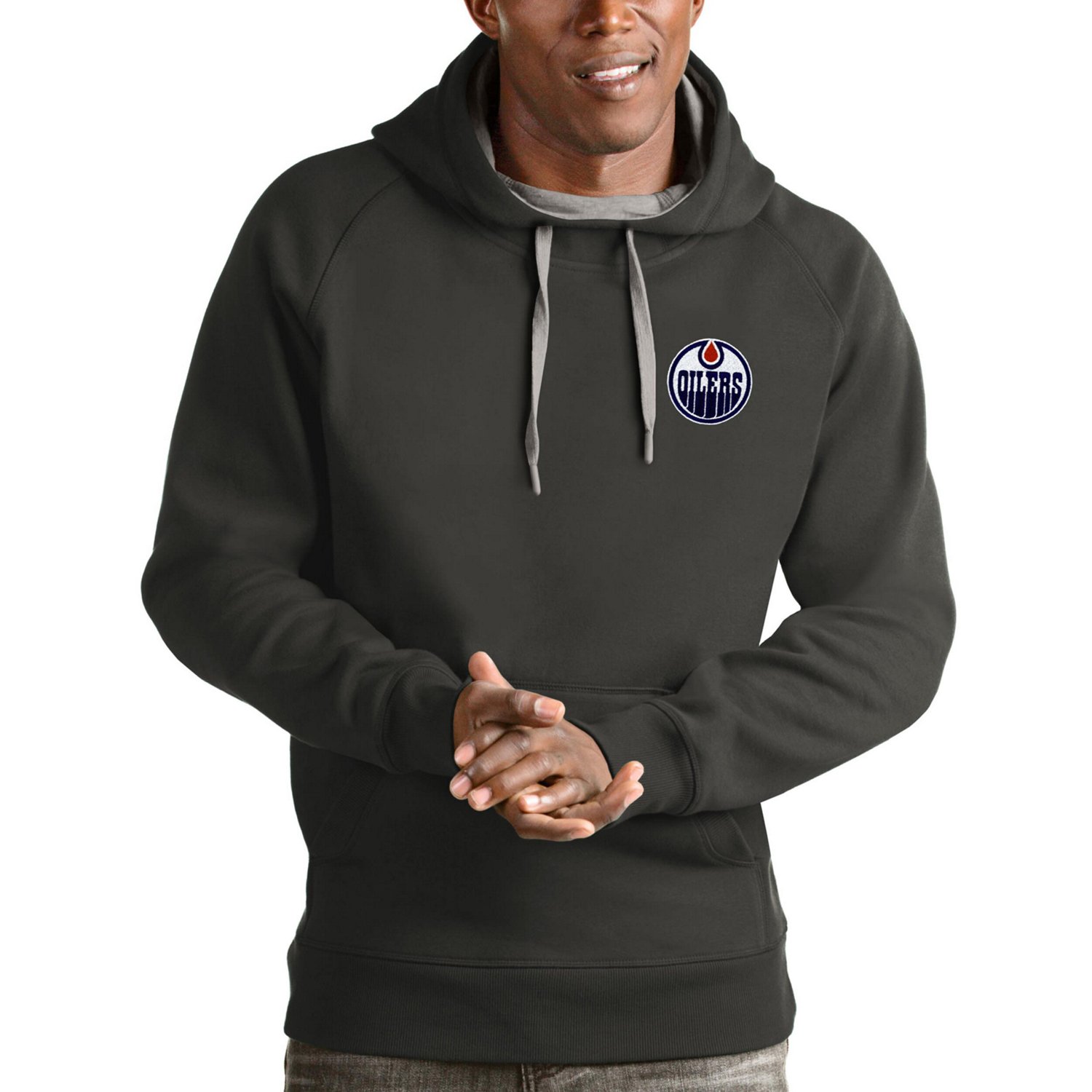 Antigua Heathered Gray Edmonton Oilers Victory Pullover Hoodie