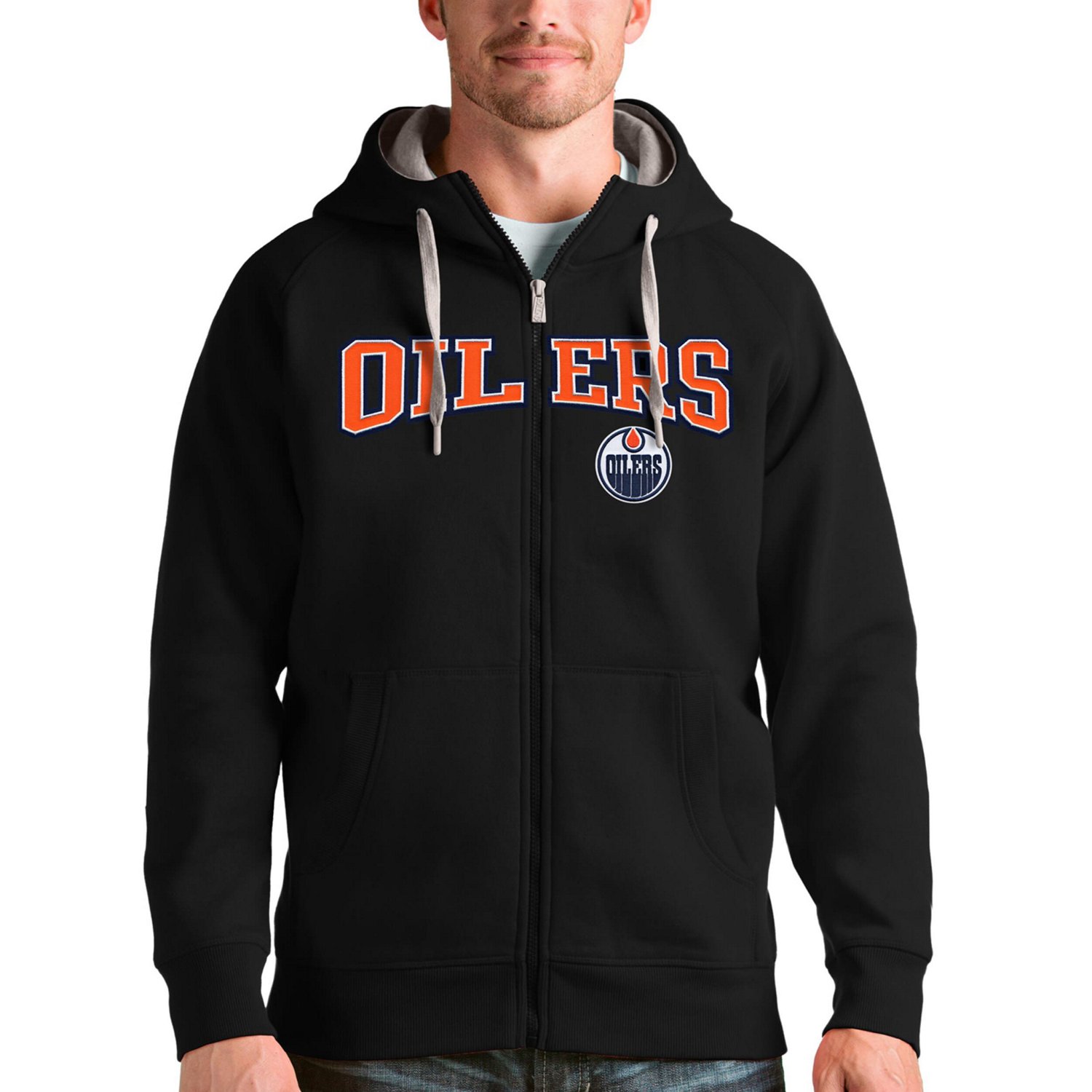 Antigua Edmonton Oilers Wordmark Victory Full-Zip Hoodie