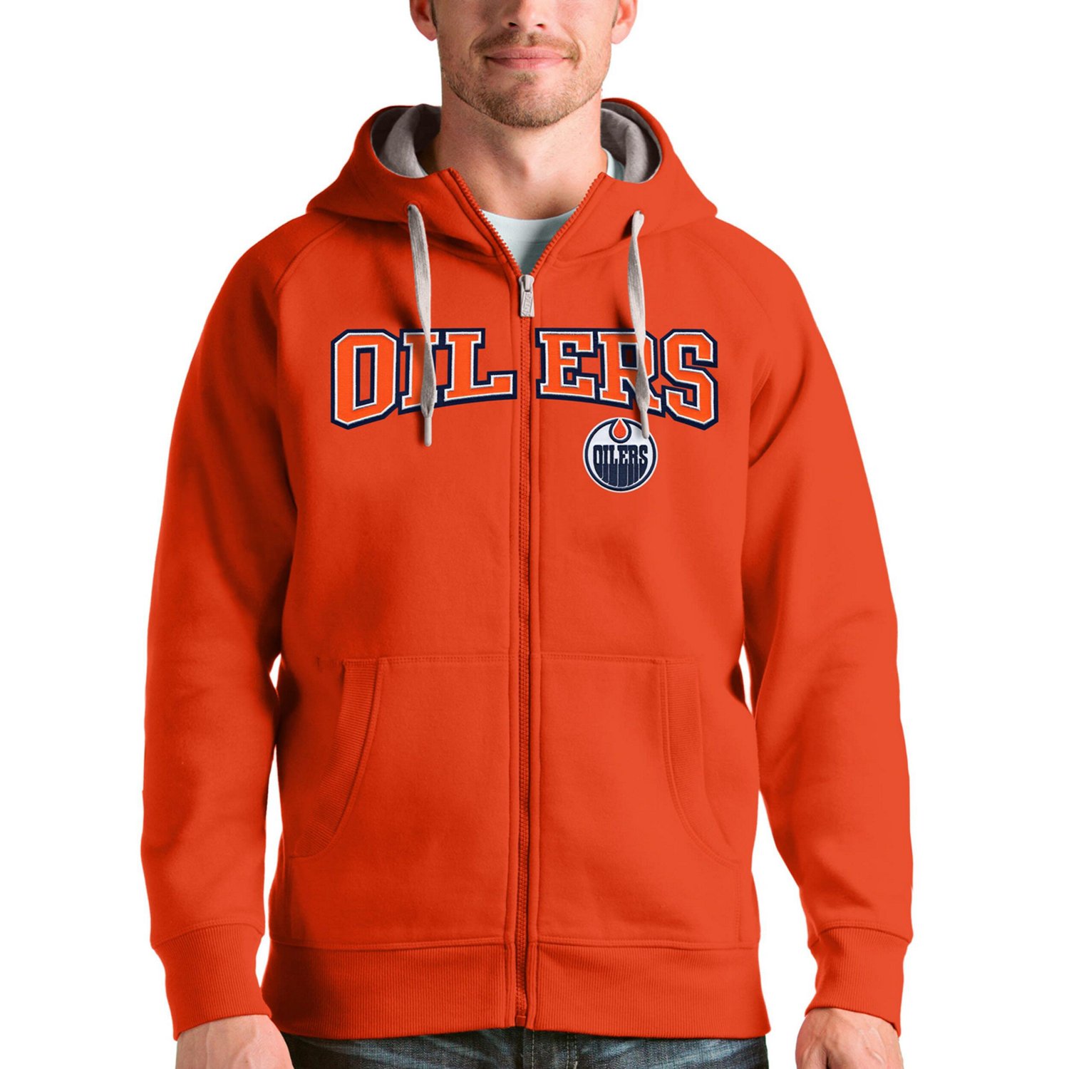 Antigua Edmonton Oilers Wordmark Victory Full-Zip Hoodie