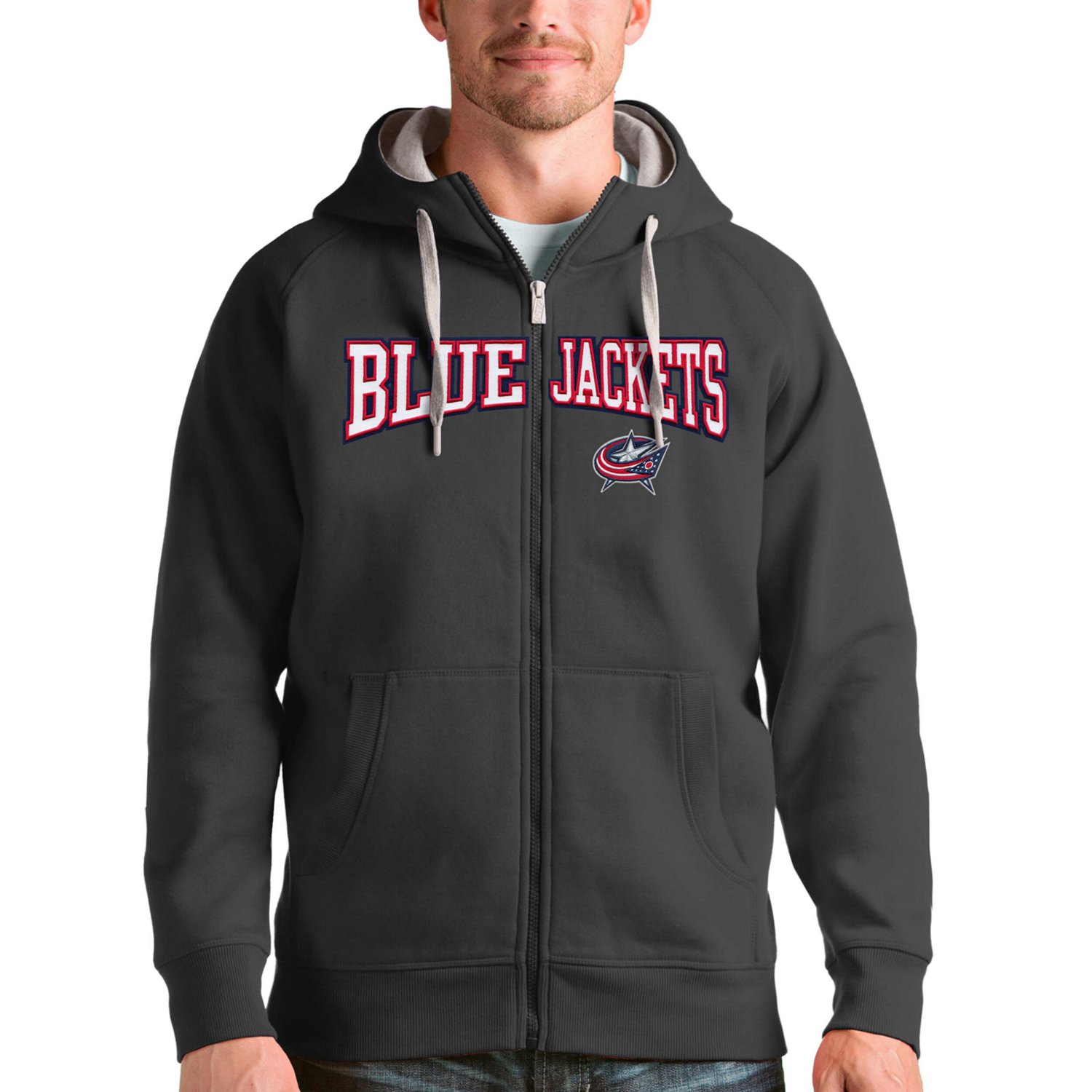Antigua Heathered Gray Columbus Jackets Wordmark Victory Full-Zip Hoodie