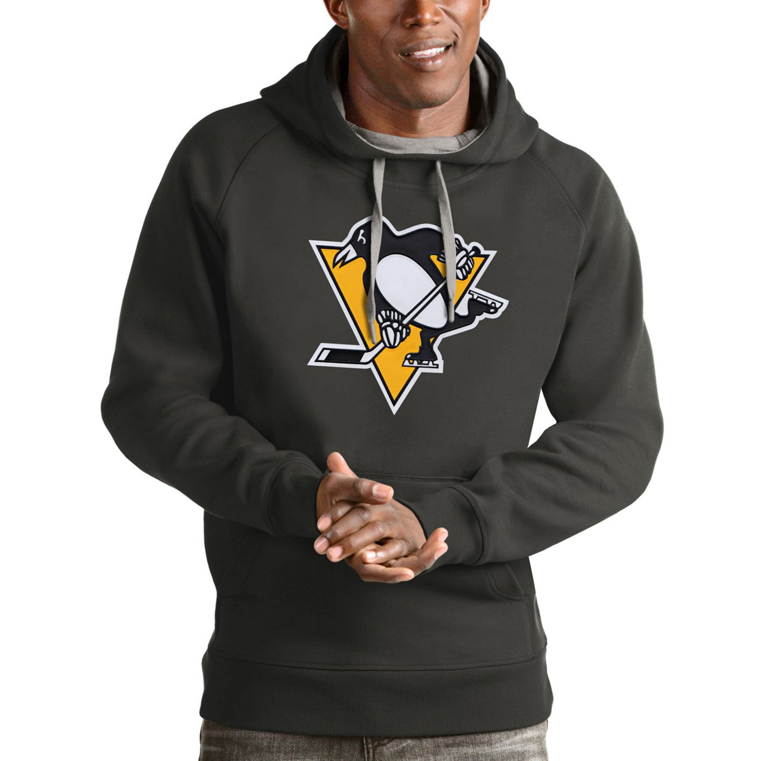 Antigua Heathered Gray Pittsburgh Penguins Logo Victory Pullover Hoodie