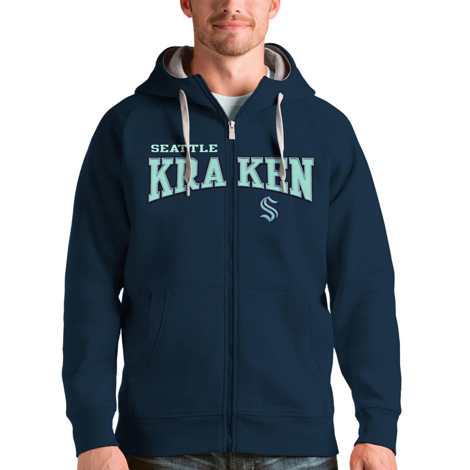 Antigua Heathered Gray Seattle Kraken Wordmark Victory Full-Zip Hoodie - view number 1