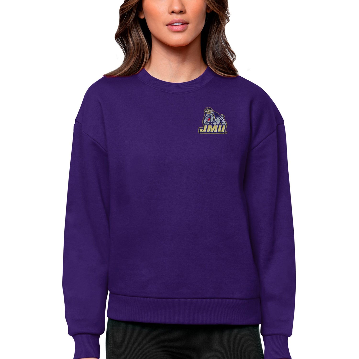 Antigua James Madison Dukes Logo Victory Crewneck Pullover Sweatshirt