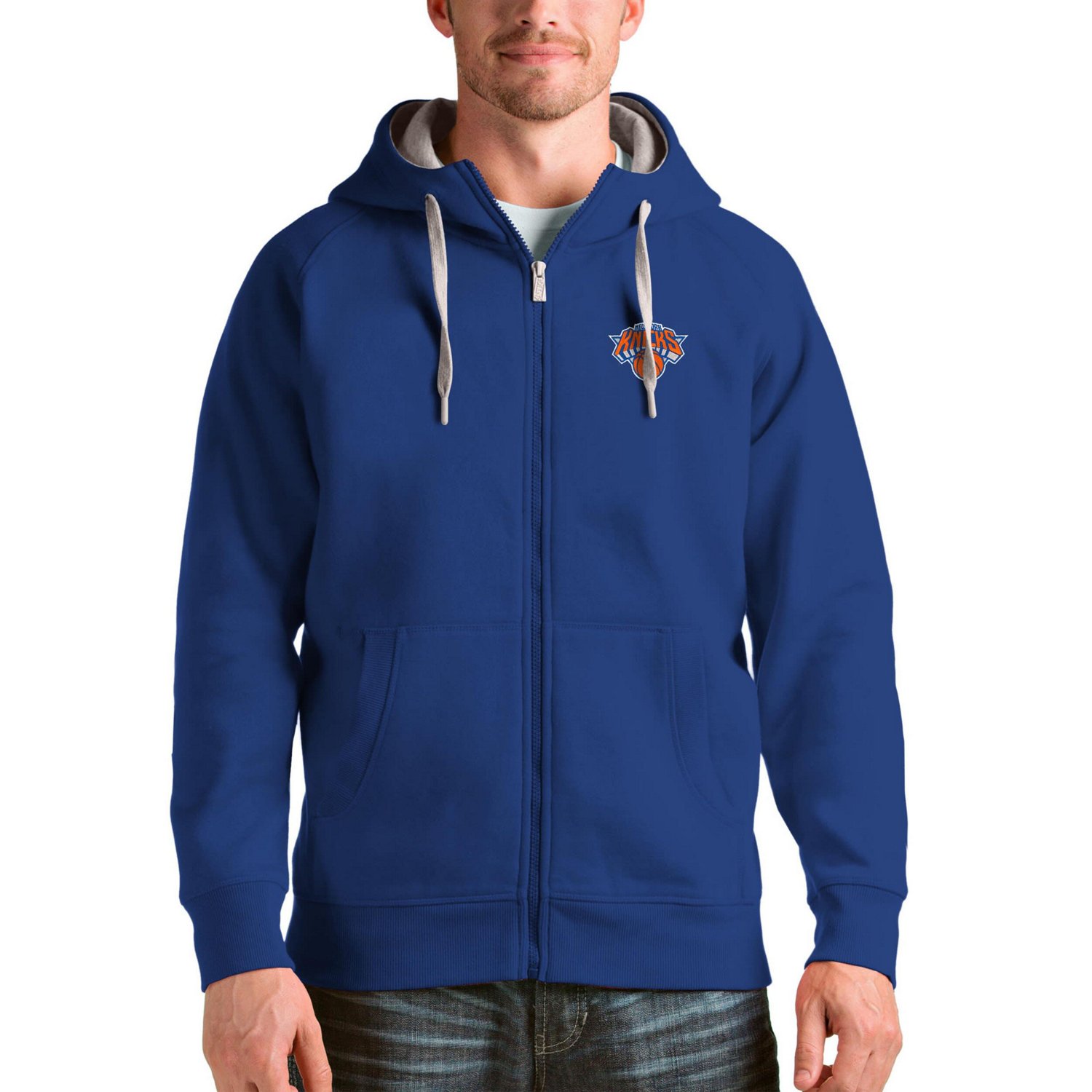 Antigua New York Knicks Logo Victory Full-Zip Hoodie