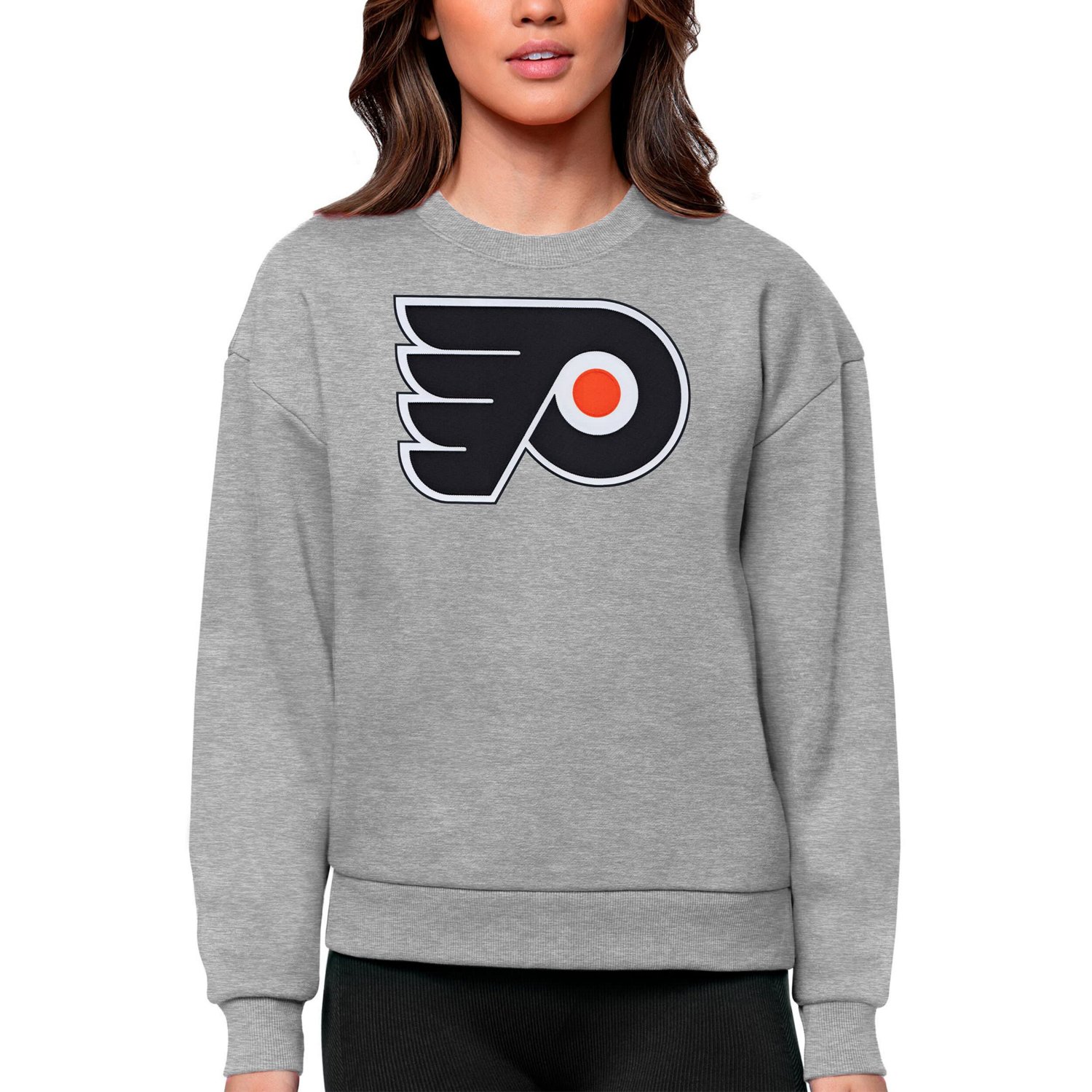 Antigua Philadelphia Flyers Primary Logo Team Logo Victory Crewneck Pullover Sweatshirt