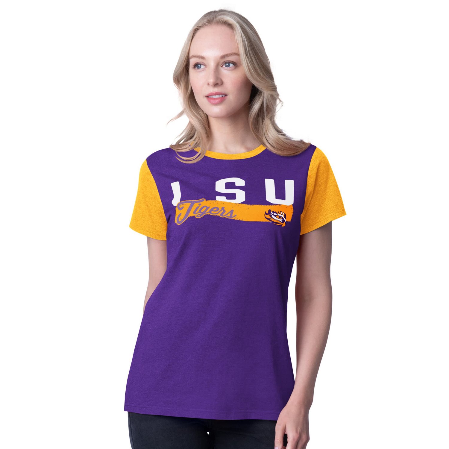 G-III 4Her by Carl Banks LSU Tigers Racer Crewneck Ringer T-Shirt