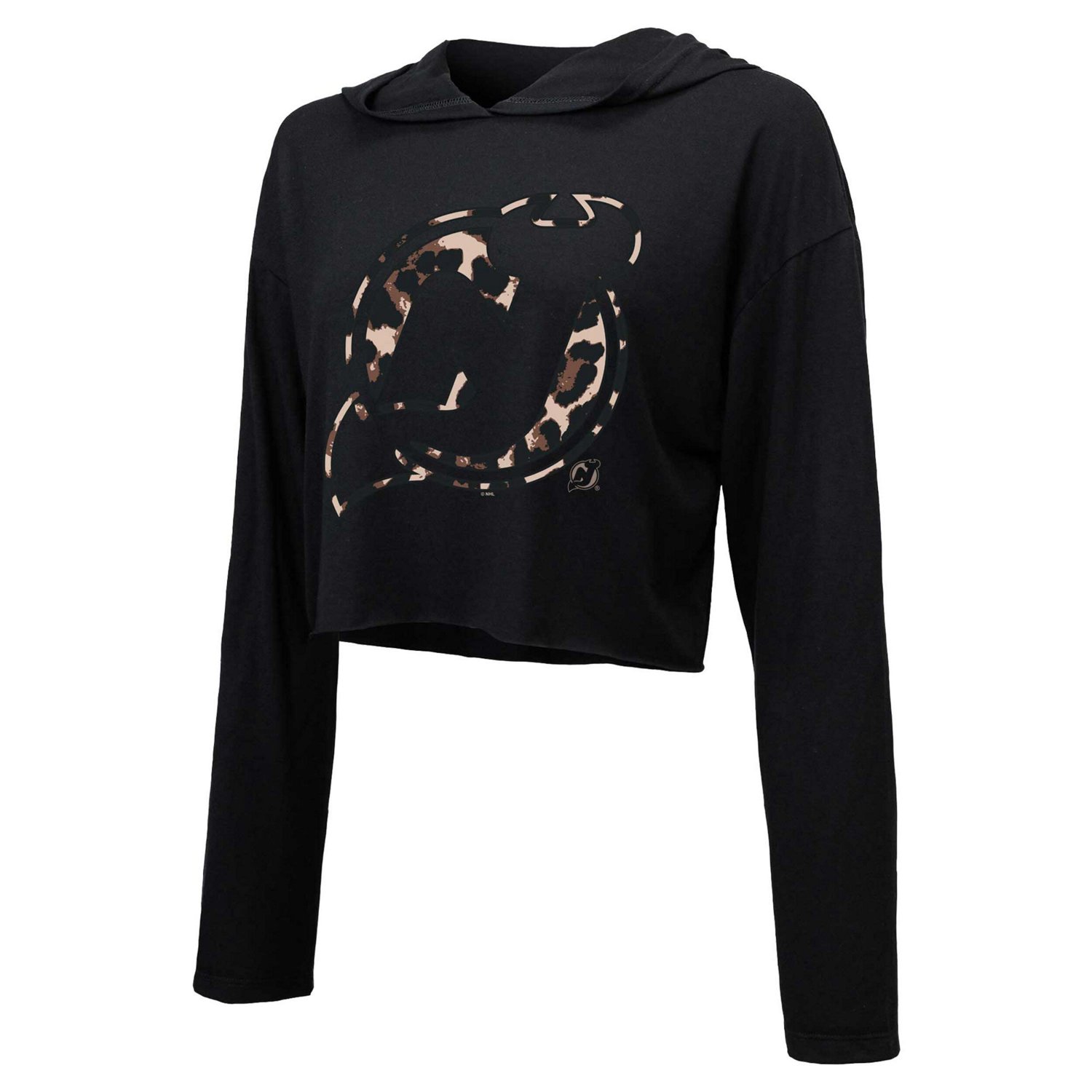 Majestic Threads Jack Hughes New Jersey Devils Leopard Print Name  Number Cropped Pullover Hoodie