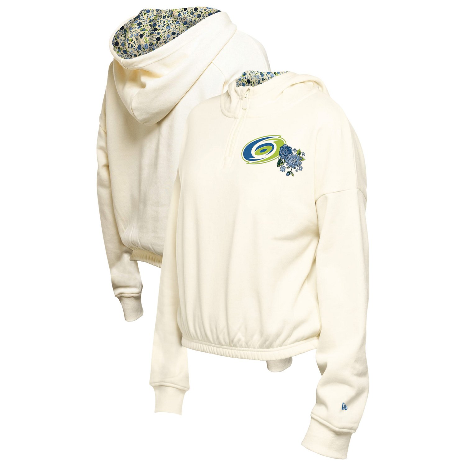 New Era Carolina Hurricanes Glam Game Quarter-Zip Cropped Floral Hoodie Pullover