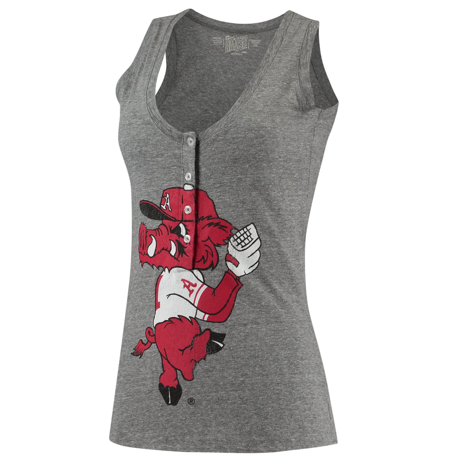 Original Retro Brand Heathered Gray Arkansas Razorbacks Relaxed Henley Tri-Blend V-Neck Tank Top - view number 2