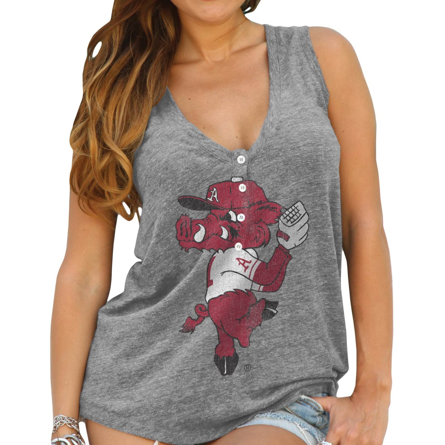 Original Retro Brand Heathered Gray Arkansas Razorbacks Relaxed Henley Tri-Blend V-Neck Tank Top - view number 4