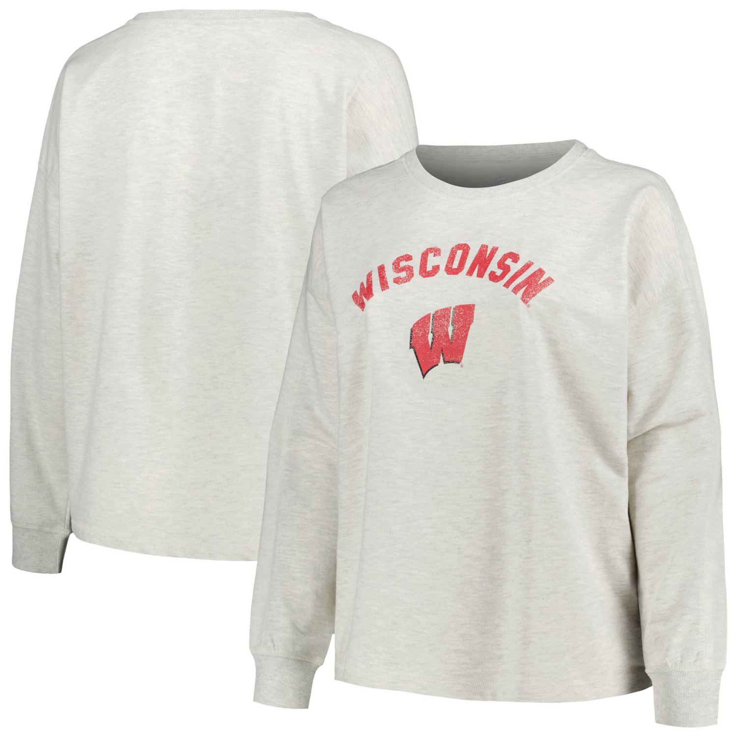 Profile Wisconsin Badgers Plus Size Distressed Arch Over Logo Neutral Boxy Pullover Sweatshirt                                   - view number 1