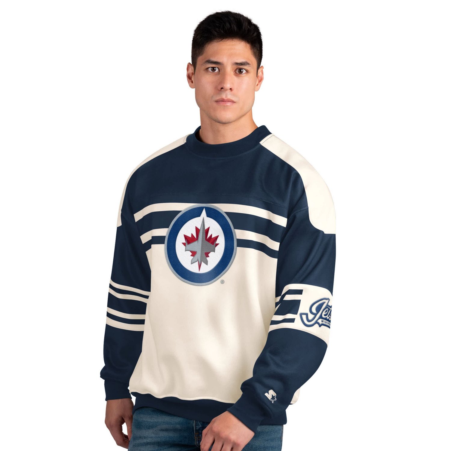 Starter Navy Winnipeg Jets Defense Fleece Crewneck Pullover Sweatshirt