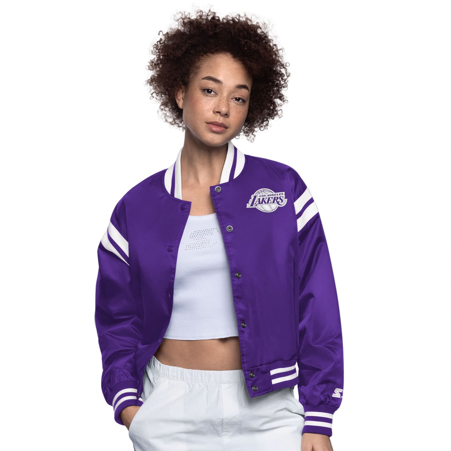 Starter White Los Angeles Lakers Full Count Satin Full-Snap Varsity Jacket