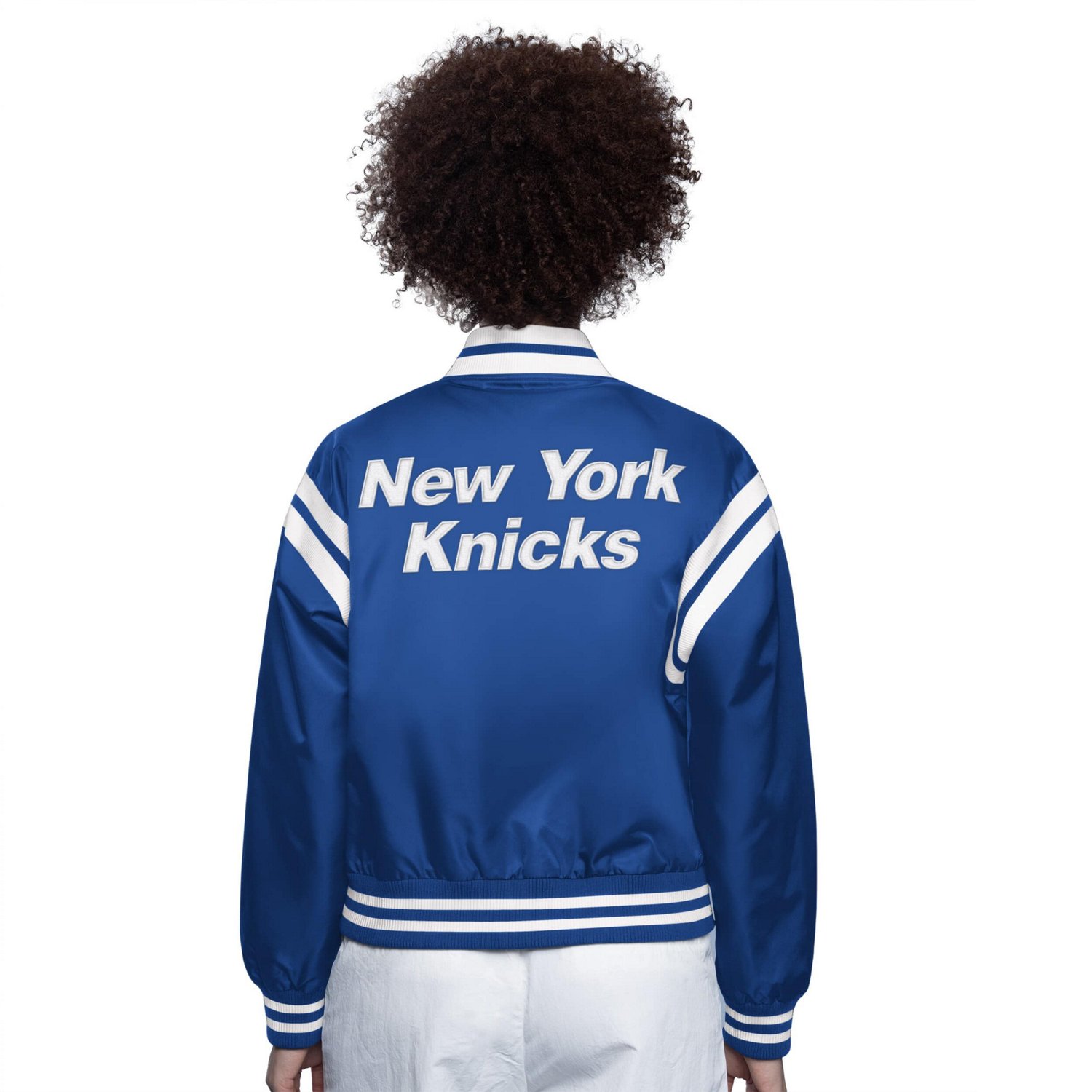 Starter White New York Knicks Full Count Satin Full-Snap Varsity Jacket